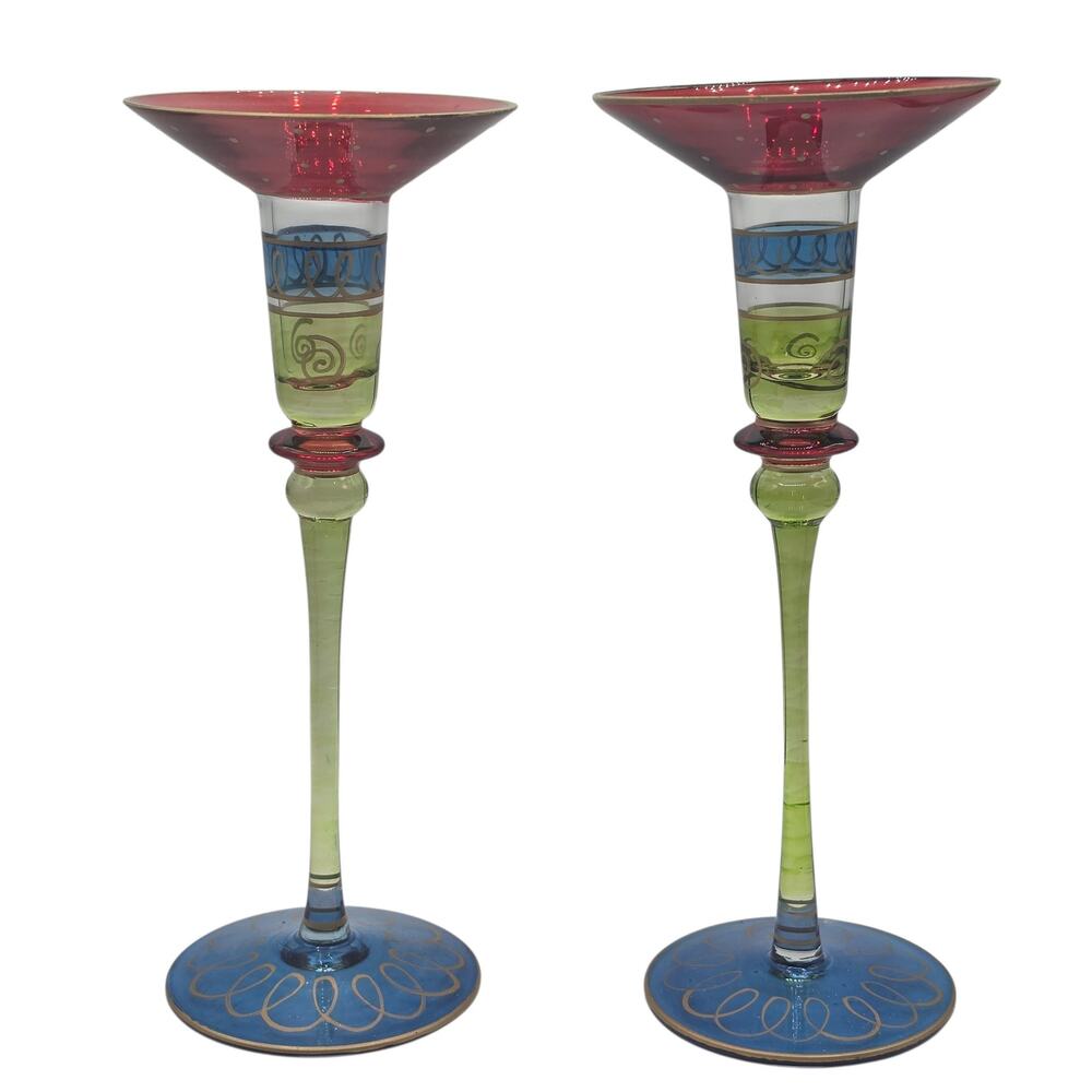Pier 1 Imports Art Glass Candlestick Hand Painted Red Green Blue Gold Scroll VTG